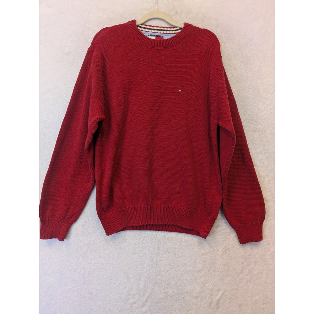 Tommy Hilfiger Mens Red Cotton Crewneck Knit Sweater Large Logo